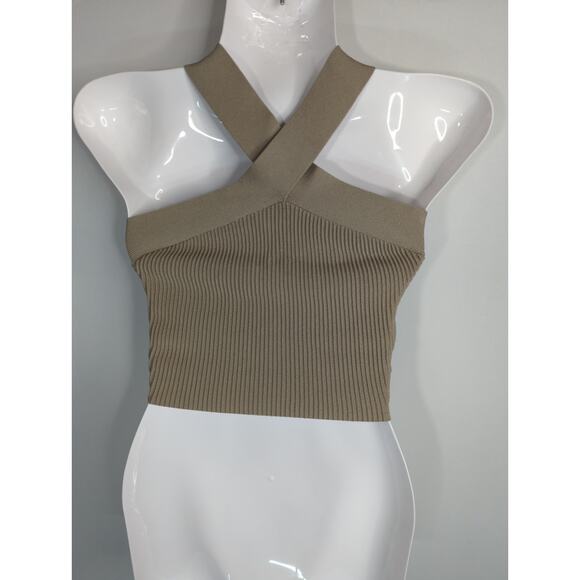 Babaton Saville Tan Sculpt Knit Criss Cross Cropped Tank Womens XS Halter Top - Picture 6 of 10